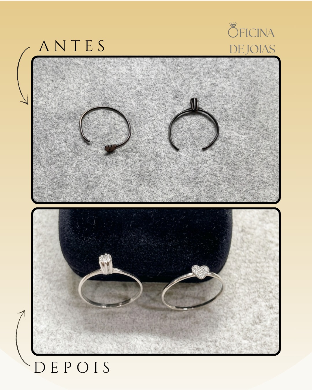 Anéis de prata antes e depois do conserto