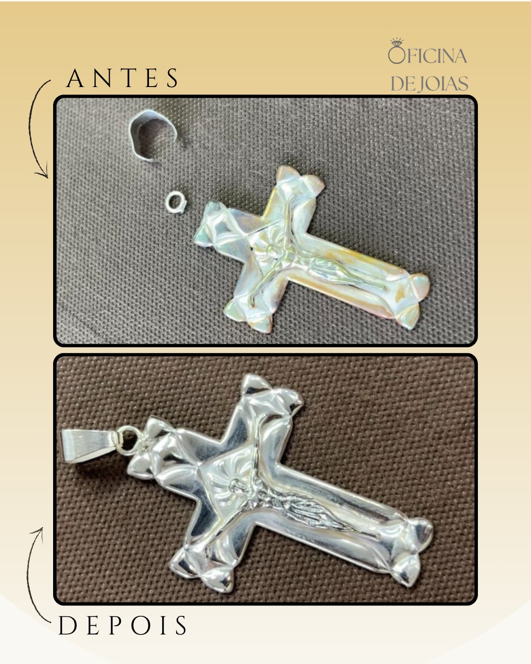 Pingente de prata antes e depois da restauração