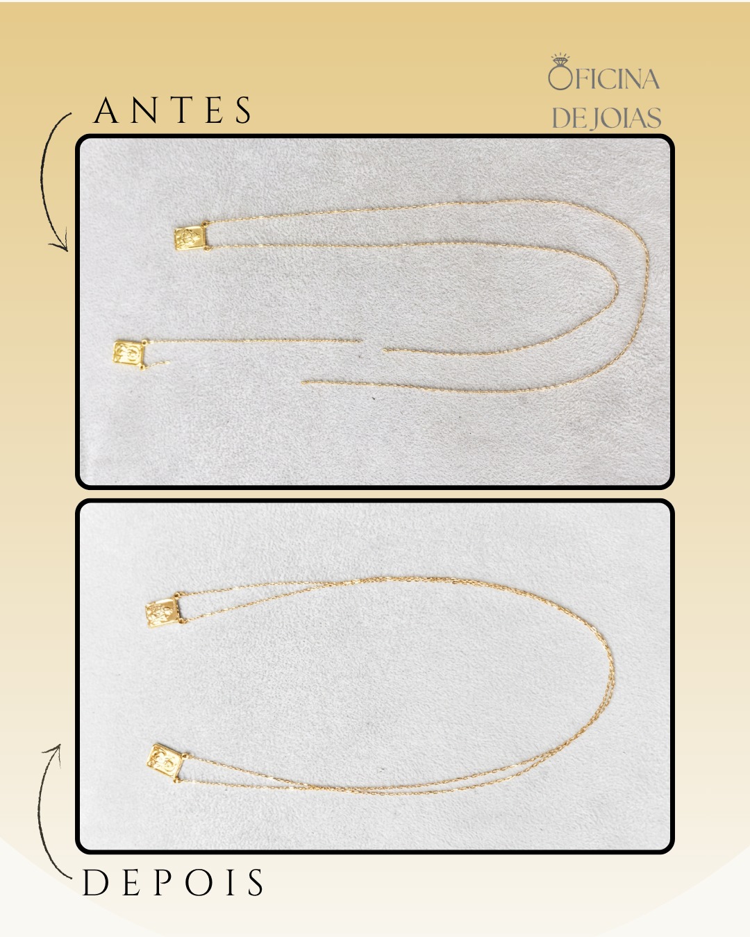 Corrente de ouro antes e depois da solda