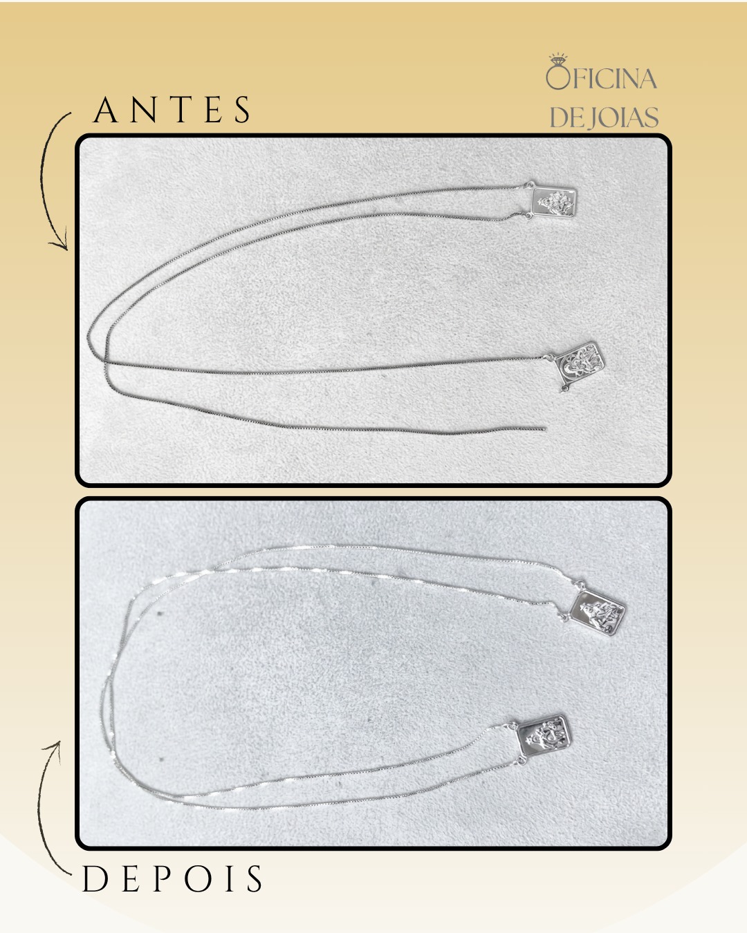 Corrente de prata antes e depois da solda